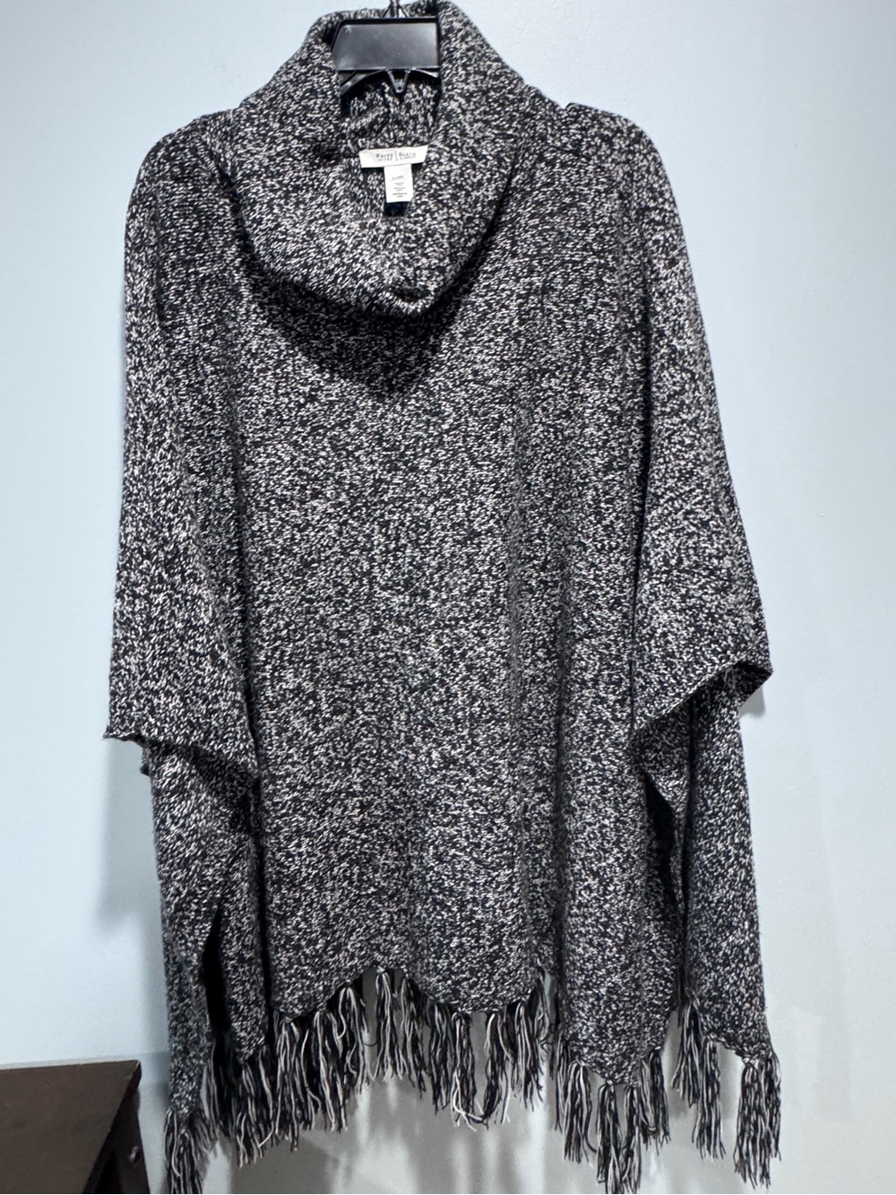 Cozy Black & White Marled Fringe Cowl neck Poncho Sweater
